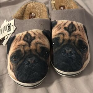 Pug Face Cozy Slip-On Slippers in Grey and Tan